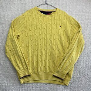 Vintage Tommy Hilfiger Cable Knit Sweater Yellow Men XL Preppy Grandpa Pullover